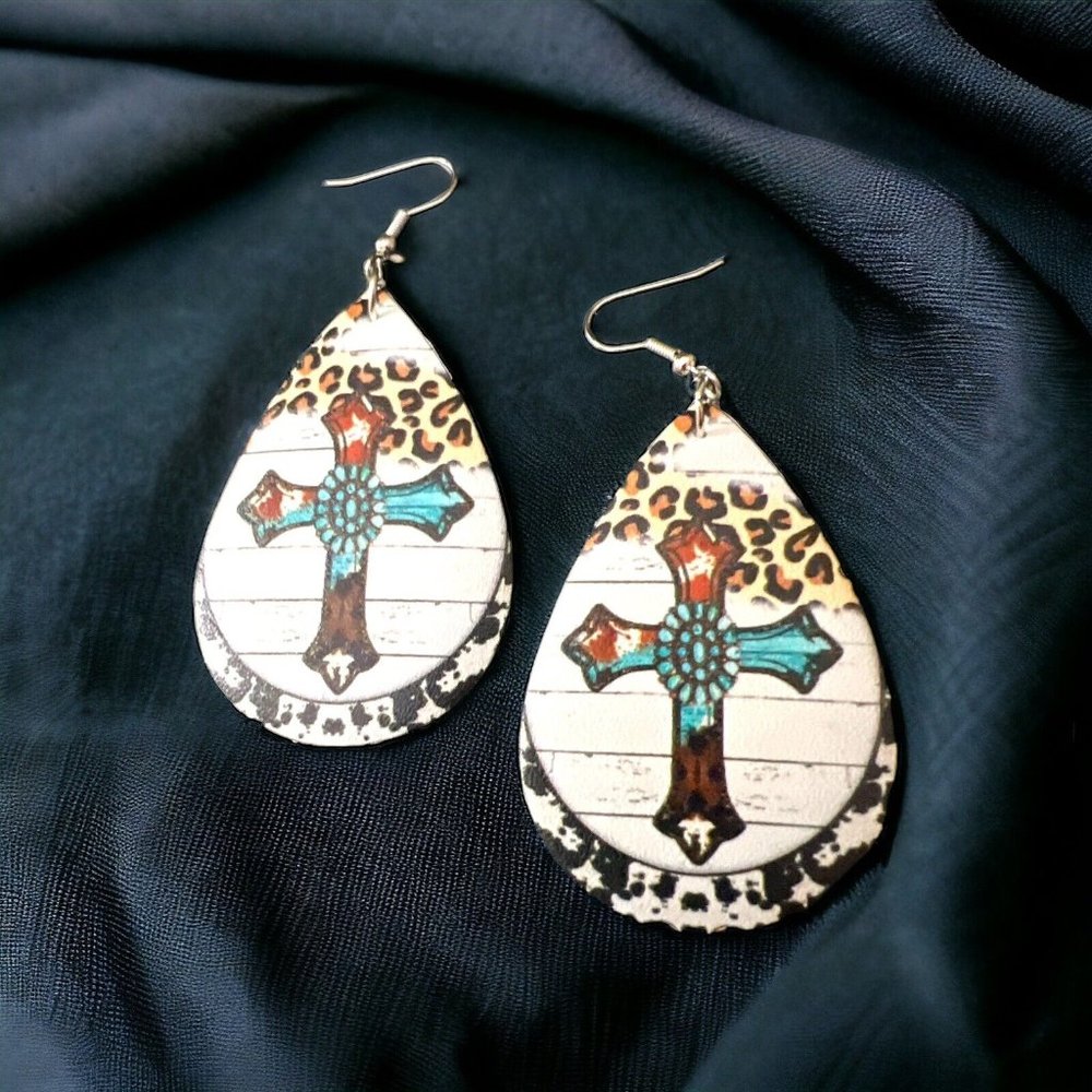 Colorful Cross & Animal Print Rubbery Teardrop Dangle Drop Earrings